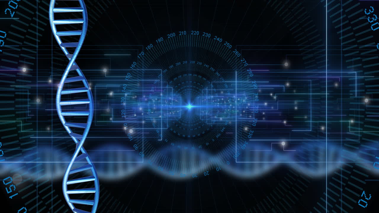 animación de la hilera de adn girando con procesamiento de datos sobre un fondo negro