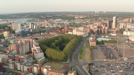 Descending-aerial-shot-over-Platform-road-Vokes-memorial-garden-Southampton