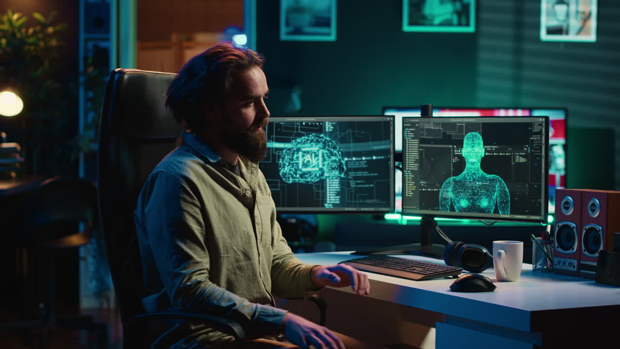 Rogue artificial intelligence possessing man, threating humanity