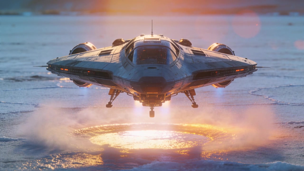 Faldende VTOL-fartøjs motorer antændes, udsender fremdrift over is, viser ben og damp, lander.