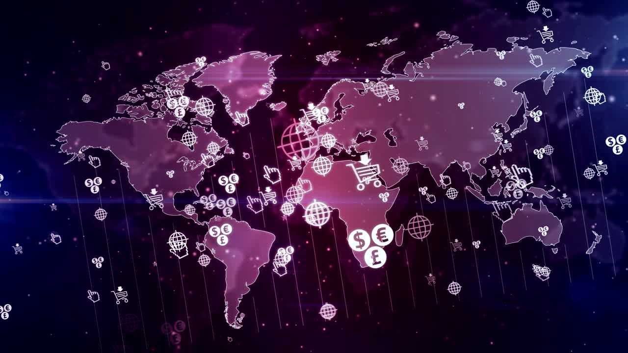 디지털 세계 지도 루프와 원활한 배경에 온라인 쇼핑 기호