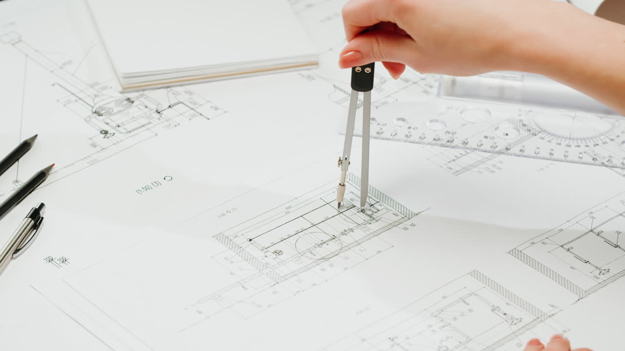Hand using a compass on architectural blueprints