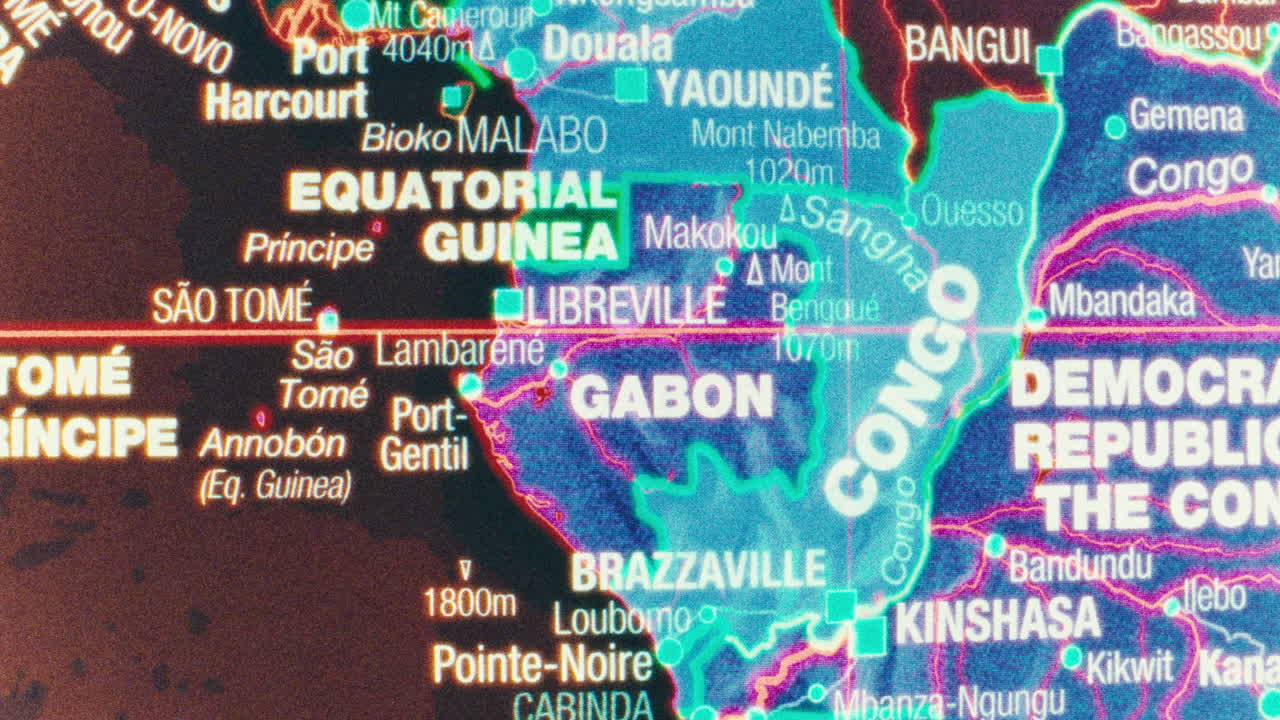 Close-up View of a Map of Central Africa Showing Countries and Major Cities