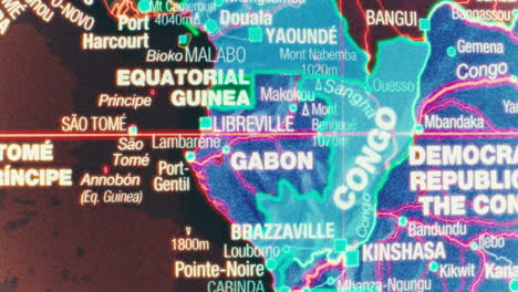 close-up view of a map of central africa showing countries and major cities
