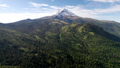 backwards drone in descent short showing the snowy top of popocatepetl volcano in mexico city