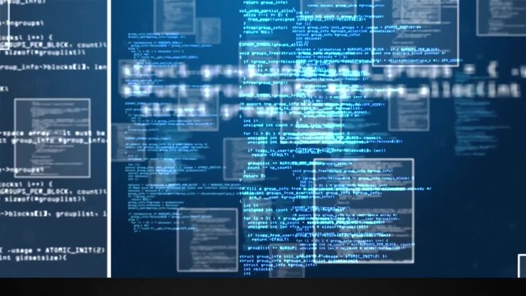 Animation of multiple squares and computer language over abstract background