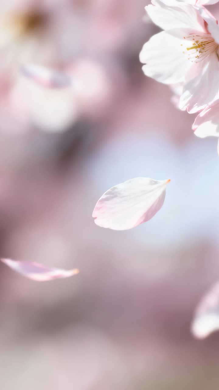 Video verticale: Un petalo rosa che fluttua trasportato dalla brezza in un primo piano in giardino, con un grappolo di fiori.