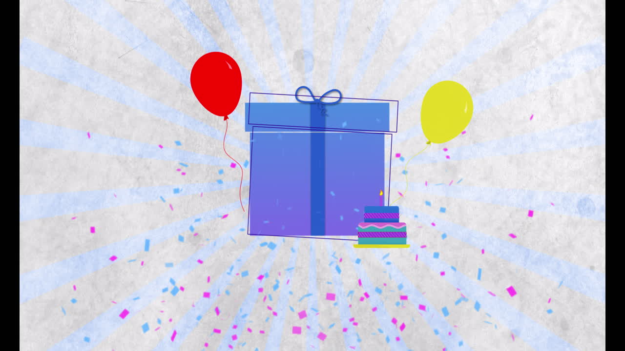 animación de confeti y presente con globos sobre líneas en fondo blanco