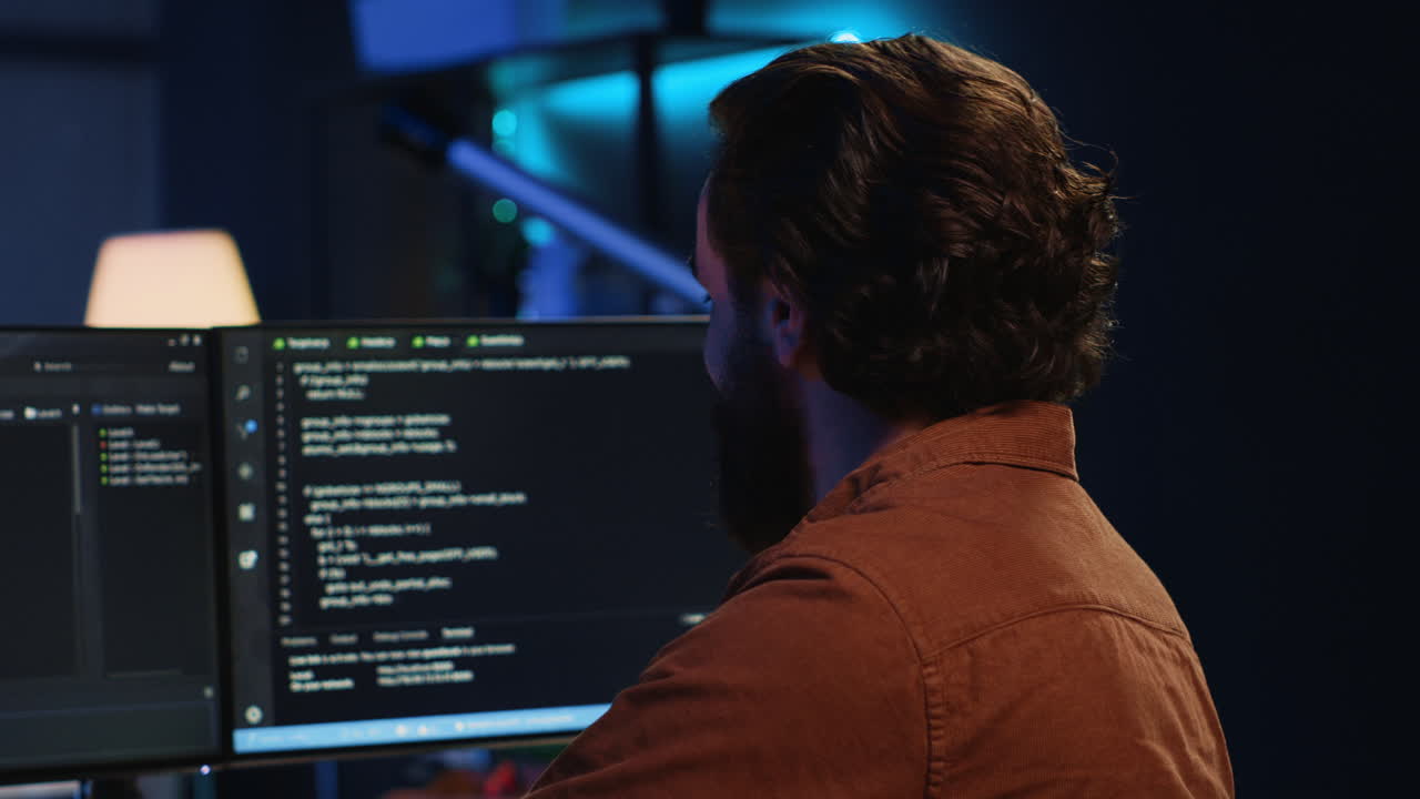 Smiling freelancing developer in home office doing coding on computer