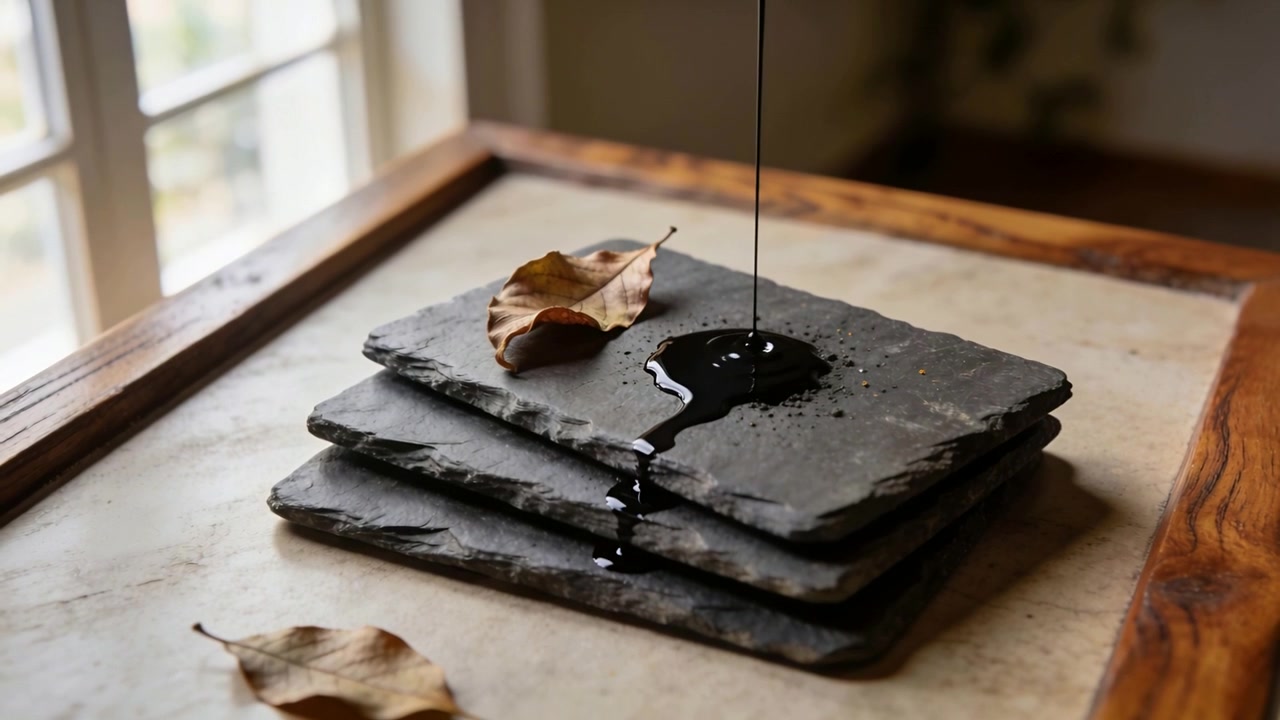 Pouring dark liquid from steady stream forming puddle on slate stack on tabletop, dried leaves