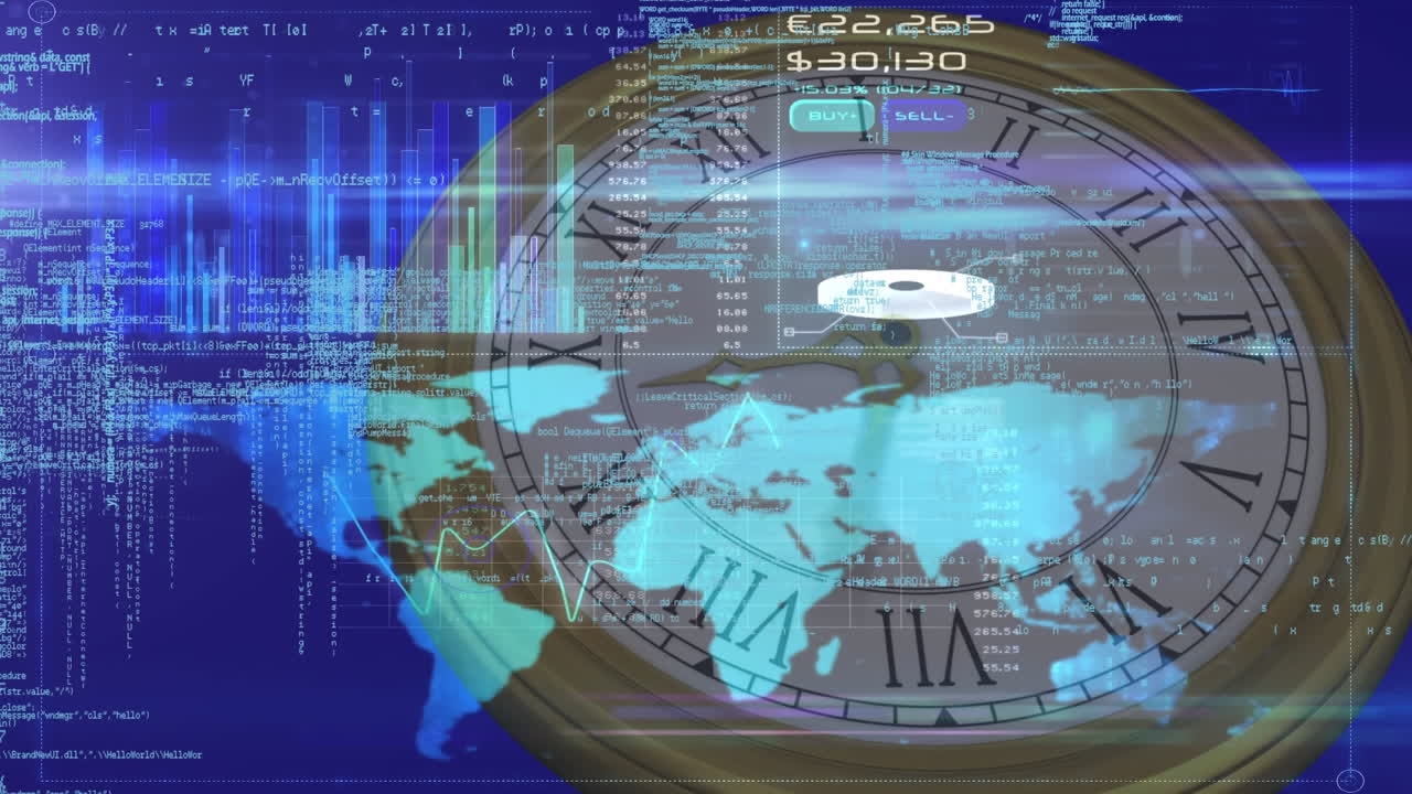 animación del procesamiento de datos y el mapa del mundo sobre un reloj en movimiento