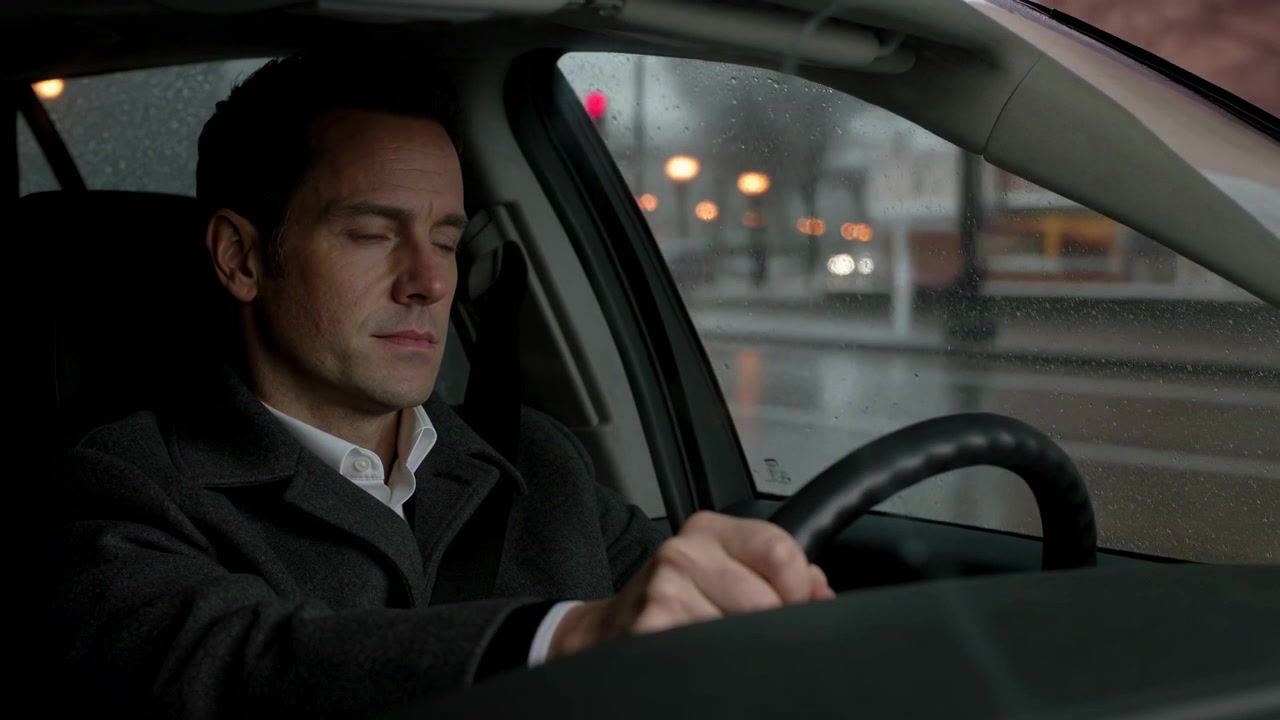 Adult man keeps one hand on steering wheel while traveling through rain, with droplets on side window, wet city pavement, soft roadside lights, and moving urban background visible outside.