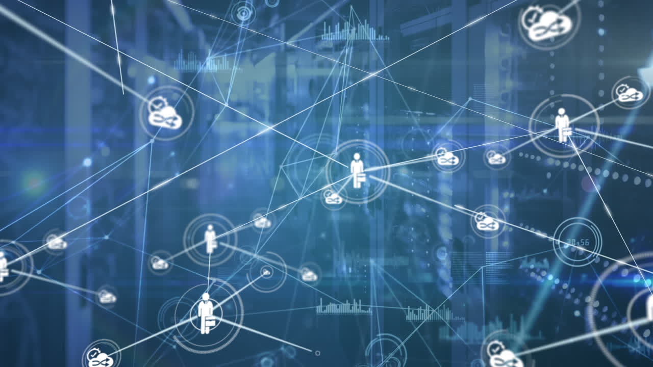 Animation of network of connections with icons over servers