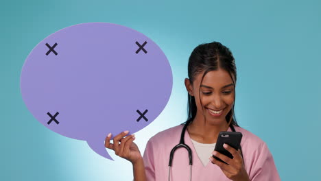 Happy-woman,-doctor-and-phone-with-speech-bubble