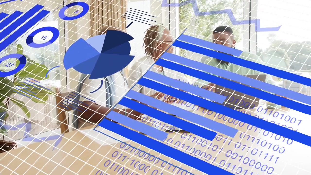 Team of three leaning over laptop screen sparking business planning chart overlays and binary code