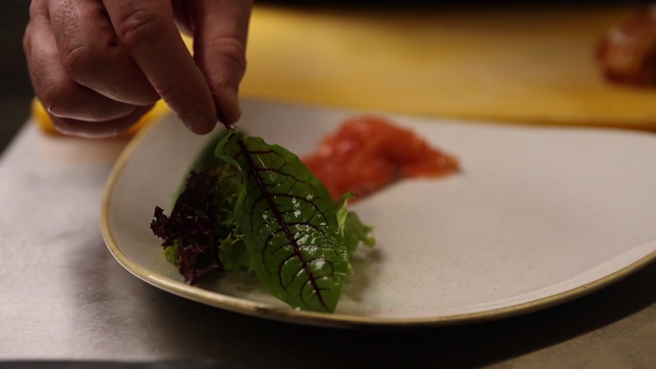 Kokkens hånd anretter et frisk salatblad på en gourmetret