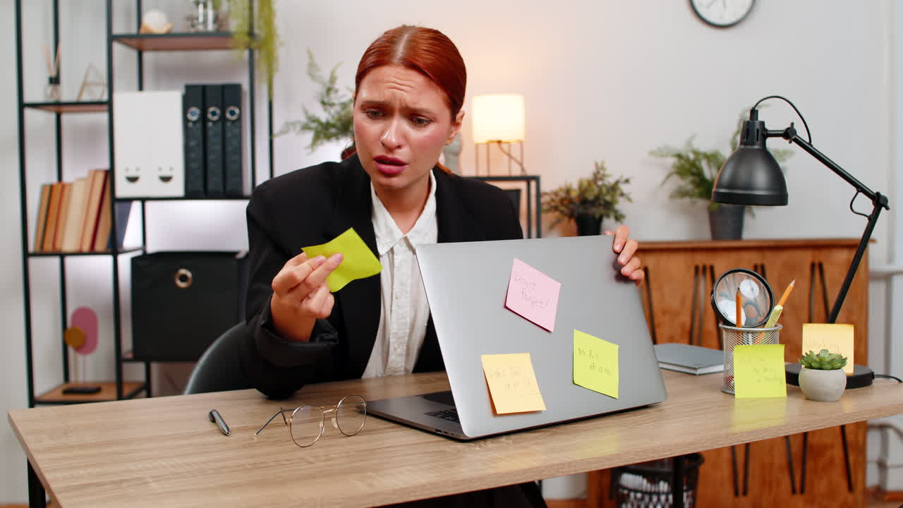Young businesswoman stressed by sticky notes on laptop tosses notes fearing unfinished tasks today