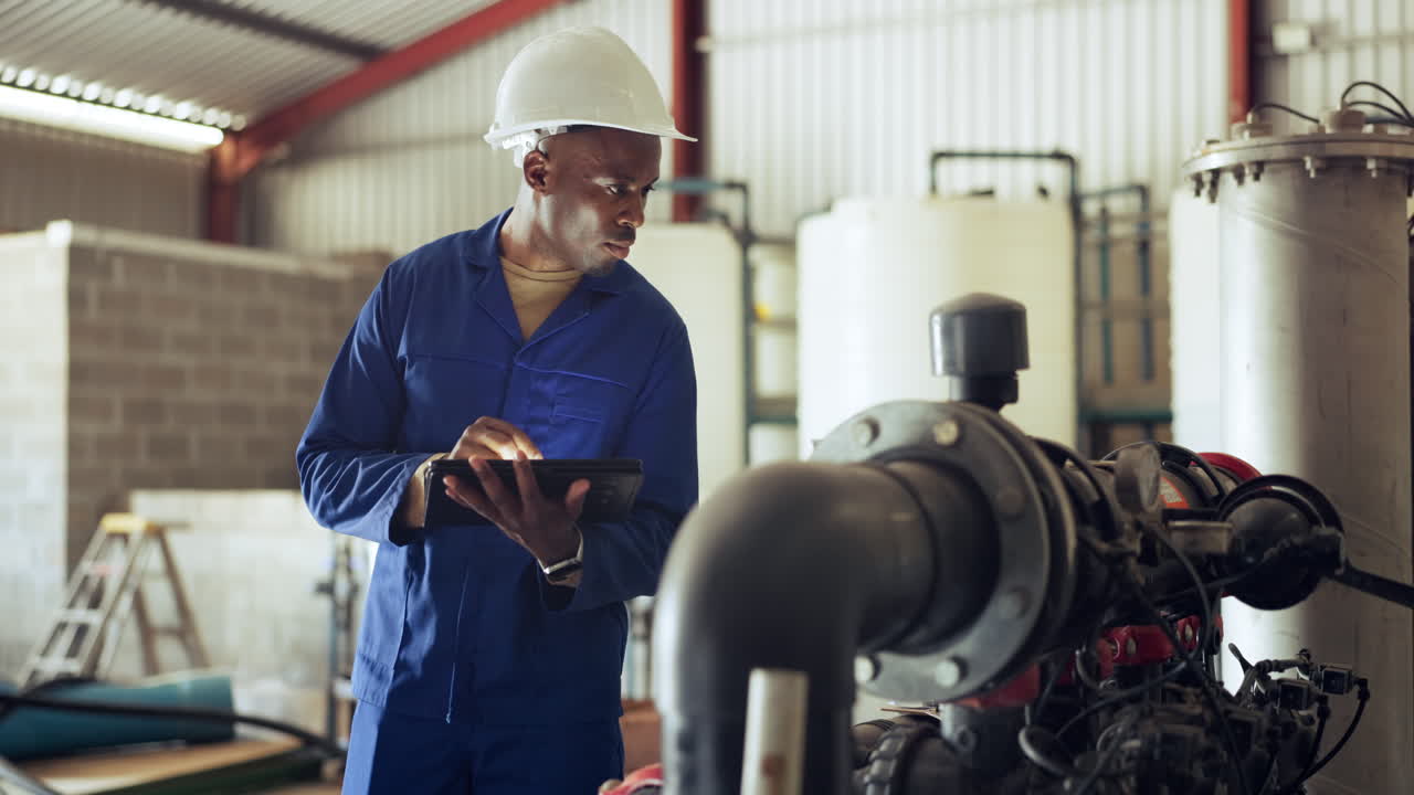 Tablet, engineer and machinery with a black man