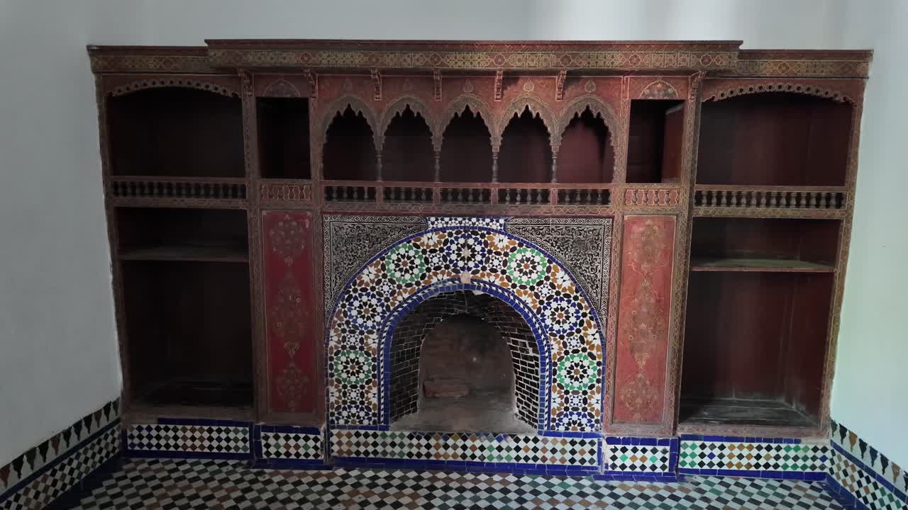 Fireplace in Muslim home, Moroccan tiles wood design riad home Morocco