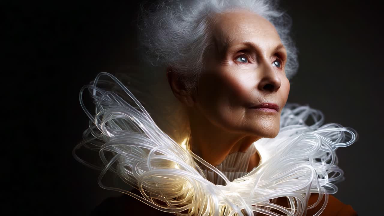 Uno straordinario ritratto di un'elegante donna anziana che emana grazia e saggezza, ornata da un elaborato colletto arruffato foto luminescente che crea un contrasto e una profondità visivamente sorprendenti
