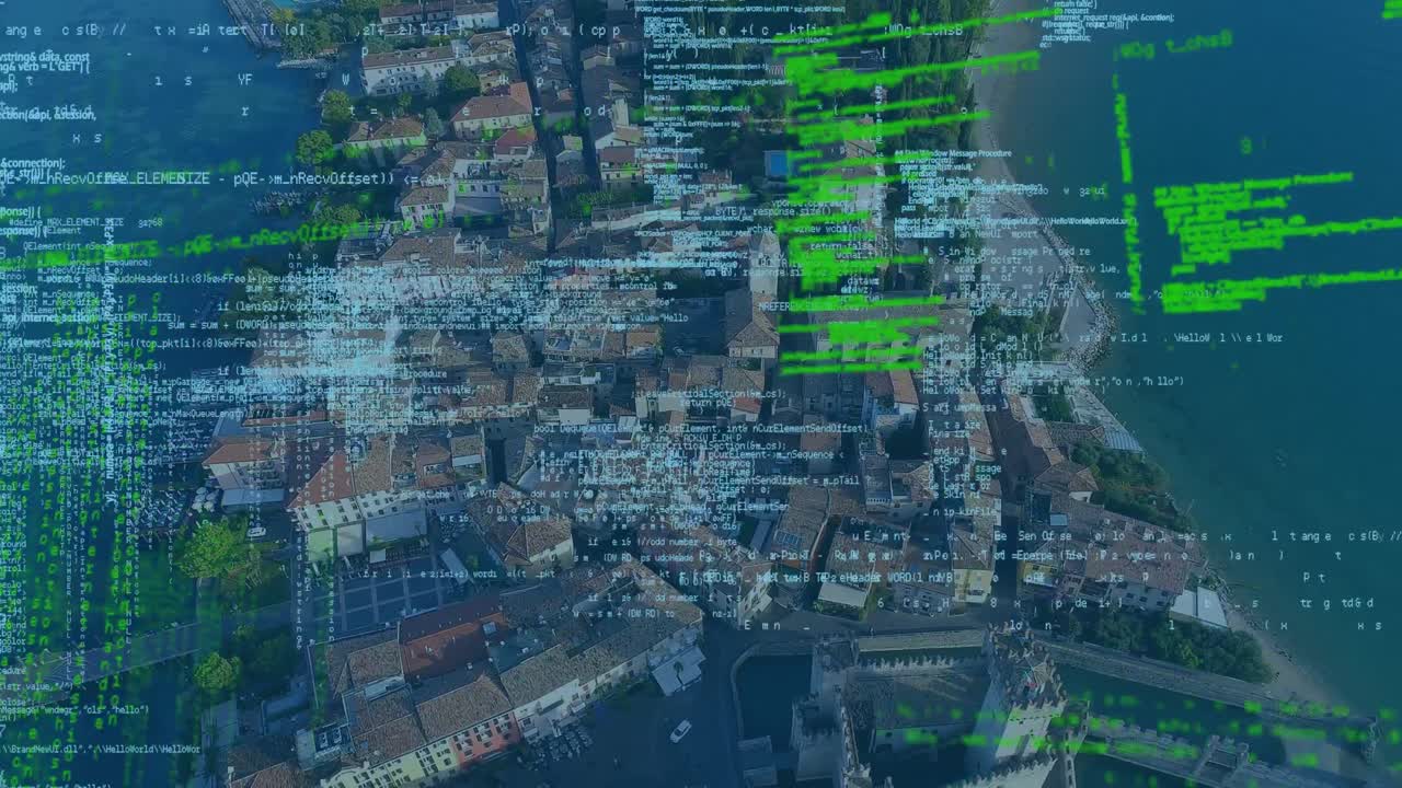 Animation of data processing over cityscape