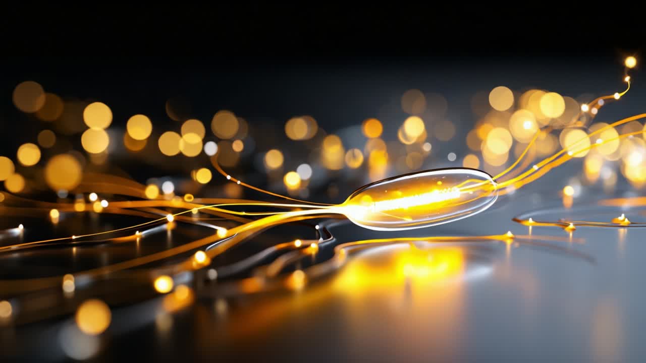 A mesmerizing close-up of a glowing object surrounded by luminous threads of light, creating an ethereal atmosphere with shimmering particles that dance gracefully in the dark, evoking a sense of wonder and enchantment