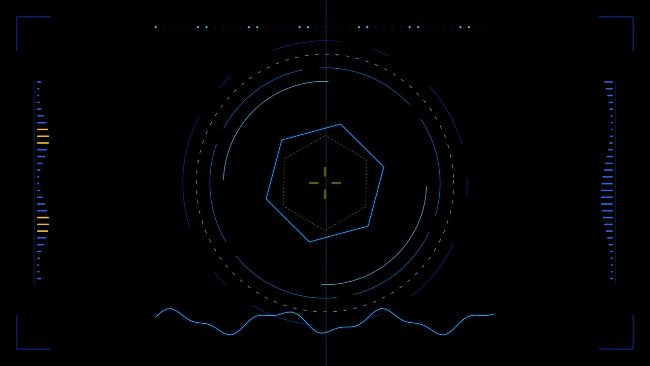 Futuristic Digital HUD Interface with Rotating Hexagon and Data Gauges