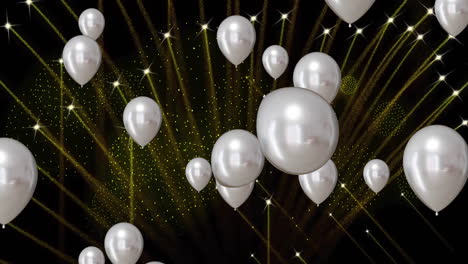 animation of fireworks and silver balloons on black background