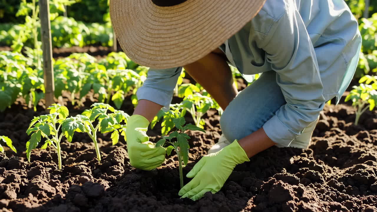 Person planting a young plant in fertile soil