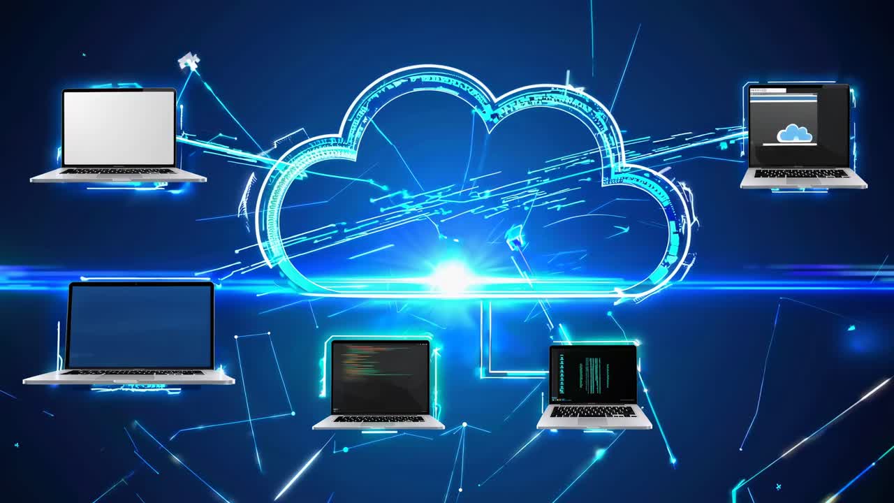 Futuristic video concept of cloud computing with a glowing cloud and laptop