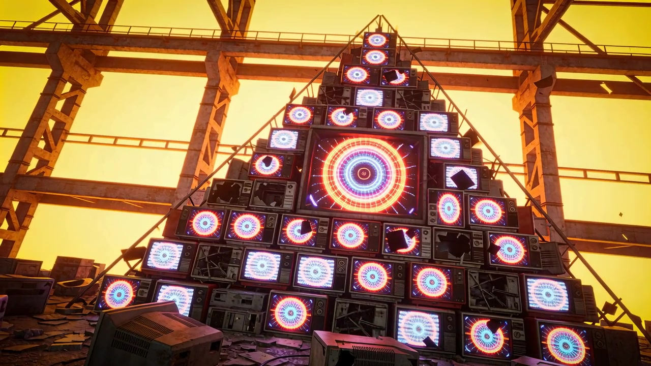 Displaying CRT pyramid in factory, warm backlight initiating pulsing screen patterns among crates