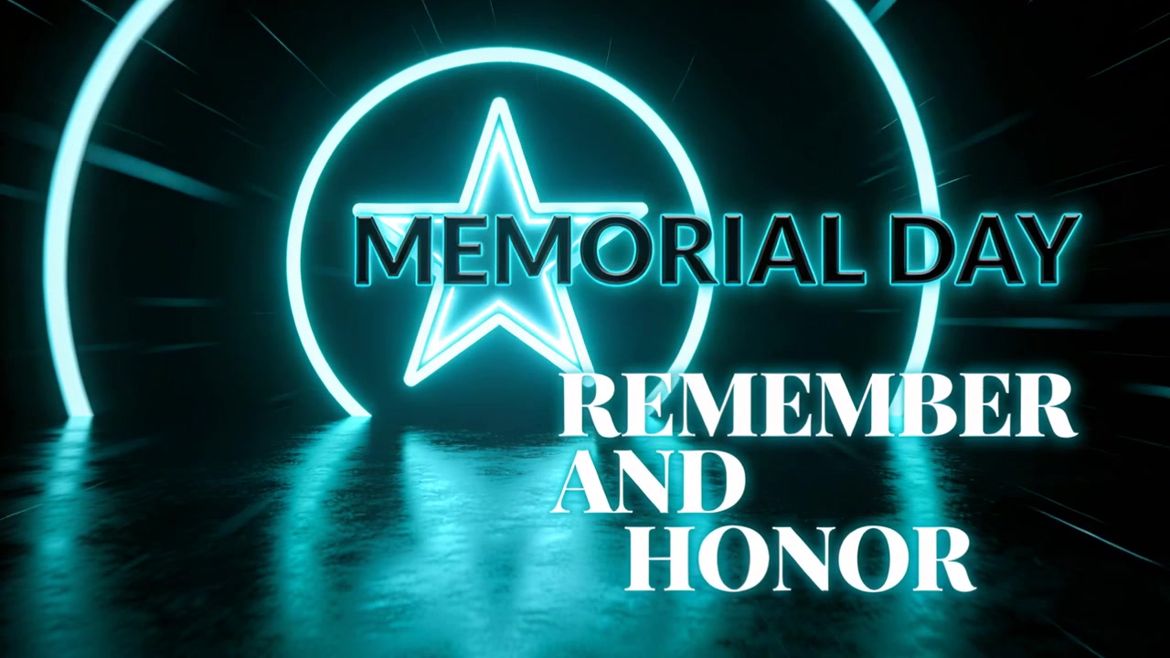 Pulsing emblem MEMORIAL DAY REMEMBER AND HONOR texts emitting rays on play in studio, fog honoring