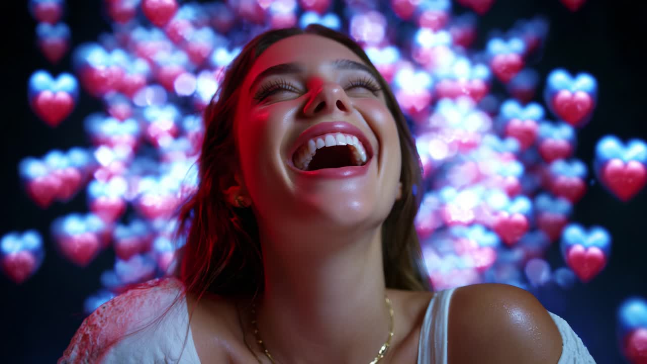 Joyful Woman Smiling in Front of a Colorful Heart Background, Expressing Happiness and Love through Her Laughter and Delightful Expression, Captured in a Vibrant Video Frame Sequence