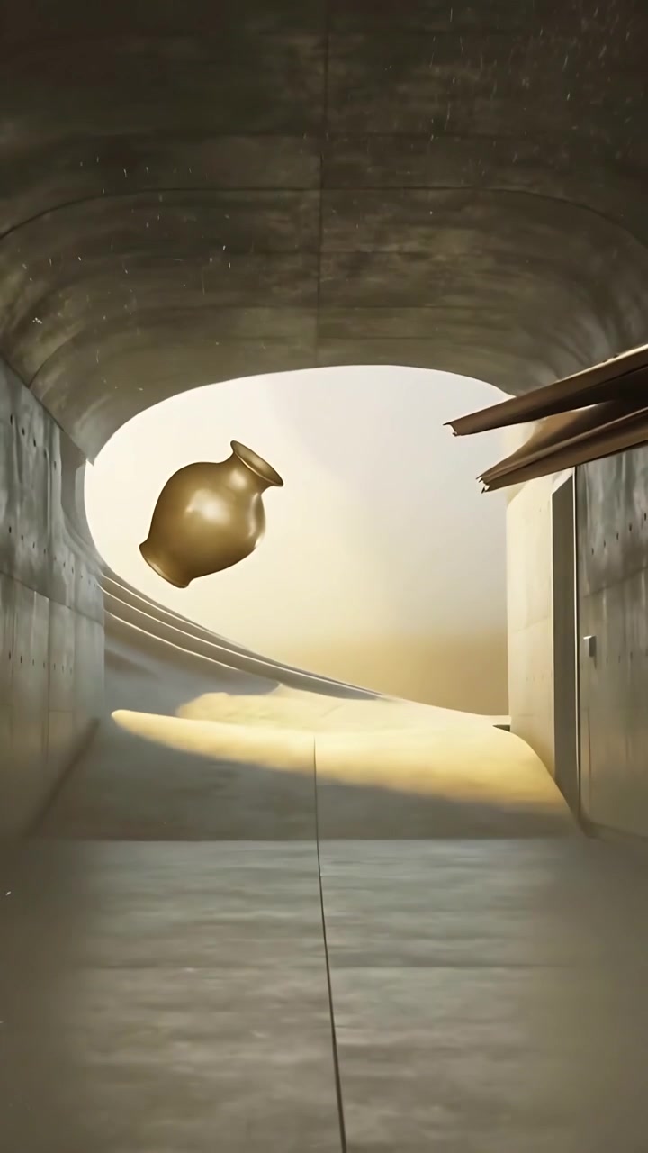 Video verticale: Vento che soffia e spinge la porta ad aprirsi, vaso d'oro che si sposta nel corridoio, carte e polvere.