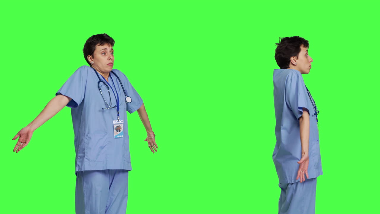Medical assistant shrugging and doing i dont know sign in studio