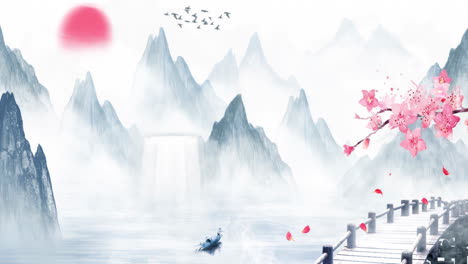 Daytime-ancient-Dreamy-Chinese-style-ink-landscape-animation-title-material-landscape-ink-Painting-of-beautiful-calm-trees,-mountains,-flowers,-lake,-water,-birds,-blue-sky,-boat,-cherry-blossoms