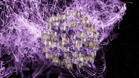 animaiton of network of connections with photos of diverse people on black background