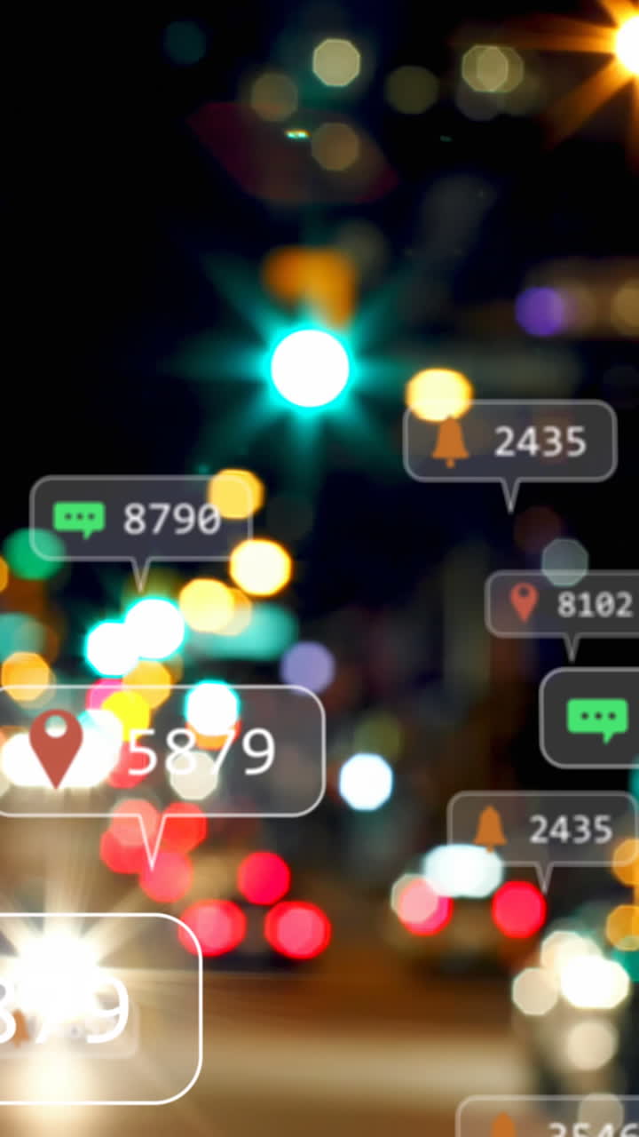 animación de iconos y números de redes sociales sobre semáforos desenfocados