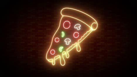 neon pizza slice flickering on brick wall.