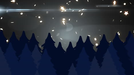 animation of trees, stars and snowflakes with lens flares over abstract background