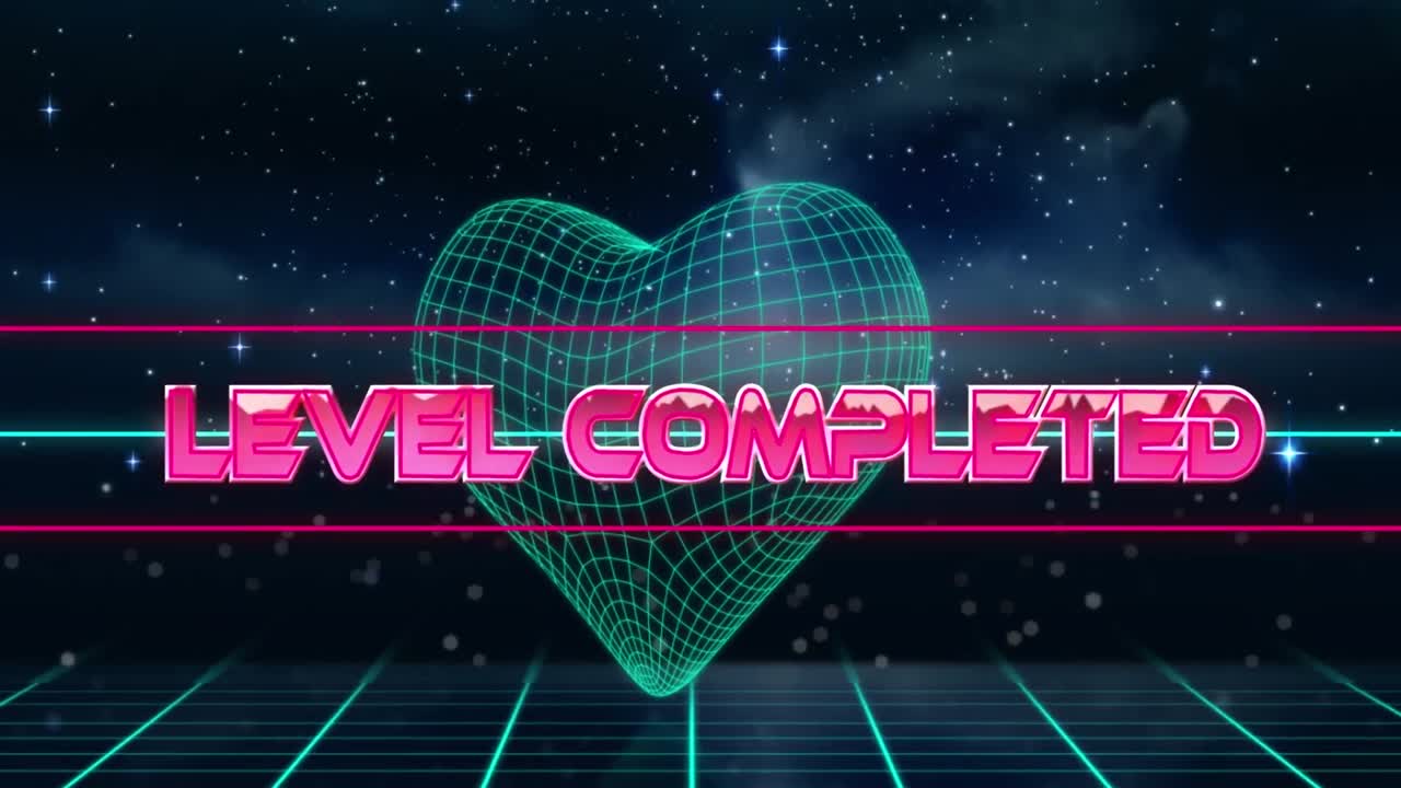별빛 하늘을 배경으로 격자 패턴으로 심장을 가진 삼각형 모양의 완성 된 텍스트의 레벨 애니메이션