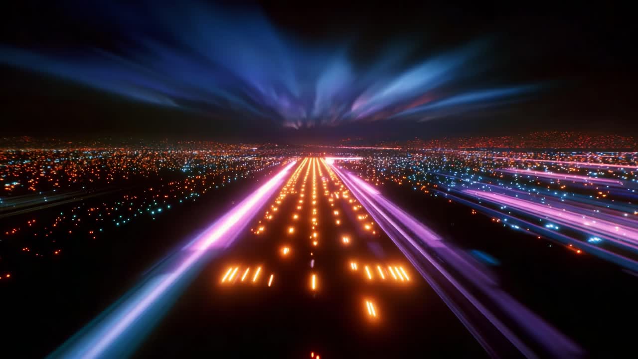 A Stunning Visual Journey: Aerial Perspective of a Vibrant Runway Illuminated by Mystical Lights and Atmospheric Effects That Transform the Landscape into a Dazzling Light Show at Night