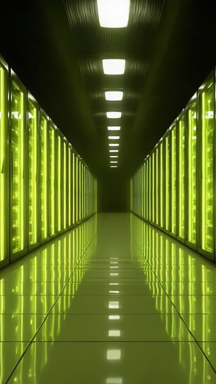 Oplyst korridor med datalagringsenheder: Et indblik i et moderne anlæg med skarpt gult lys og reflekterende overflader, der skaber en futuristisk atmosfære.