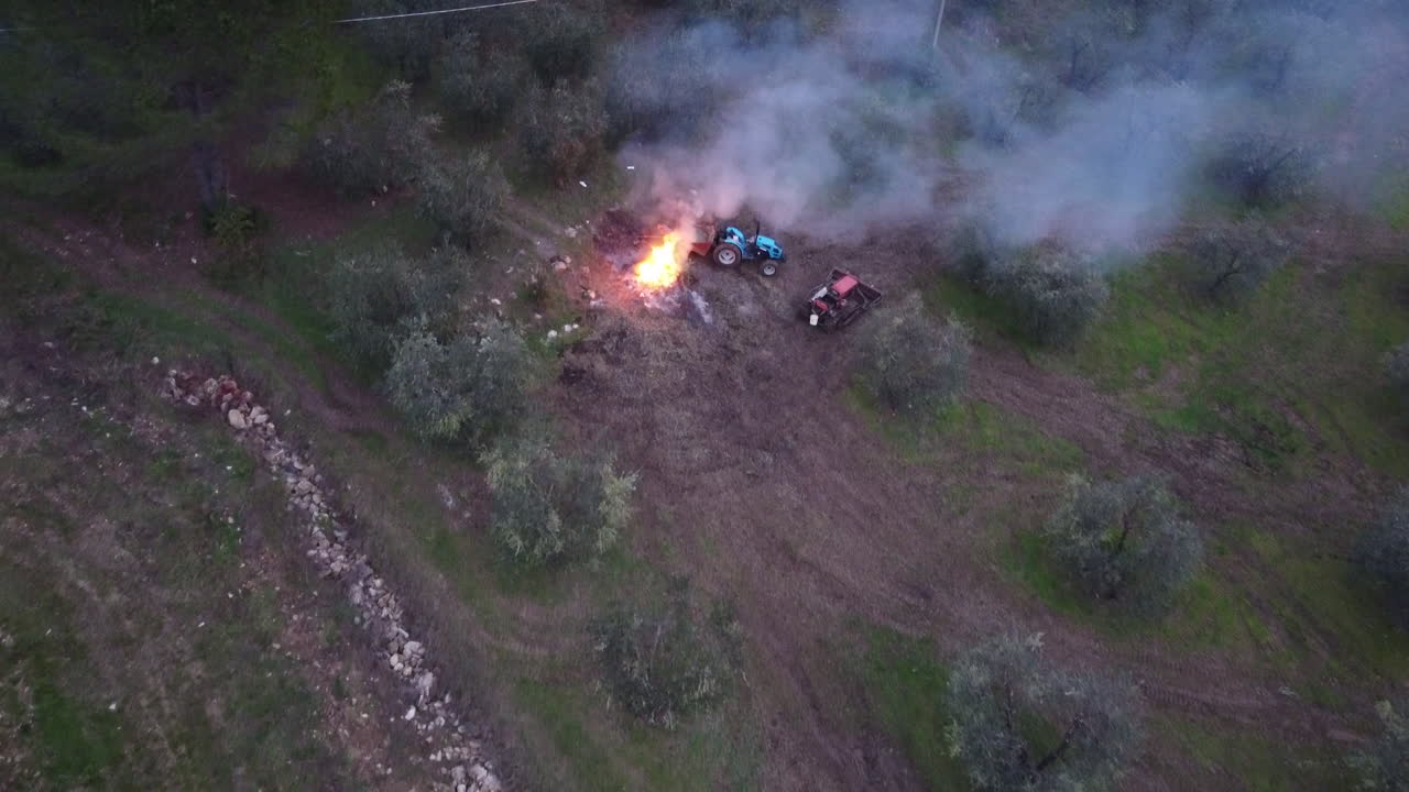 agricultor cerca de sus tractores trabajando en las estrechas filas de viñedos verdes quemando plantas de desechos agrícolas