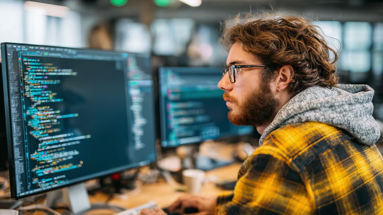 Focused Programmer Analyzing Complex Code on Dual Monitors in Modern Workspace, Demonstrating Concentration and Technical Skills in Software Development