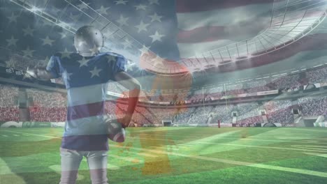Animation-of-flag-of-usa-waving-over-american-football-player-and-sports-stadium