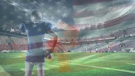 Animation-Der-Flagge-Der-USA,-Die-über-Einem-American-Football-Spieler-Und-Einem-Sportstadion-Weht