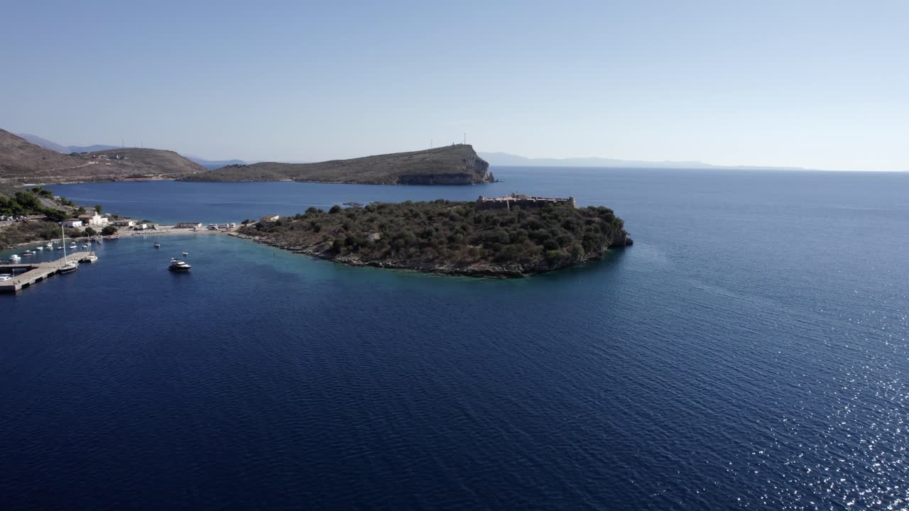 drone shot over the island of Ali pasha Tepelena Fortress, on the Albanian coast, sh8, Palermo