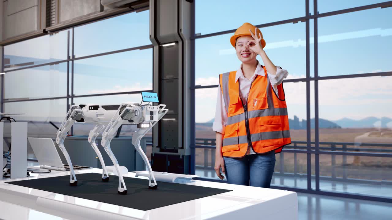 Full Body Of Asian Female Engineer With Safety Helmet Showing Ok Hand Sign Over Eye And Smiling To Camera While Standing In High Tech Factory, Analyzing Robotic Machine Concept