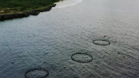 aerial dolly in pan down shot of sea fish farm, the offshore aquaculture and underwater cage at lambai island, xiaoliuqiu, pingtung county taiwan, asia